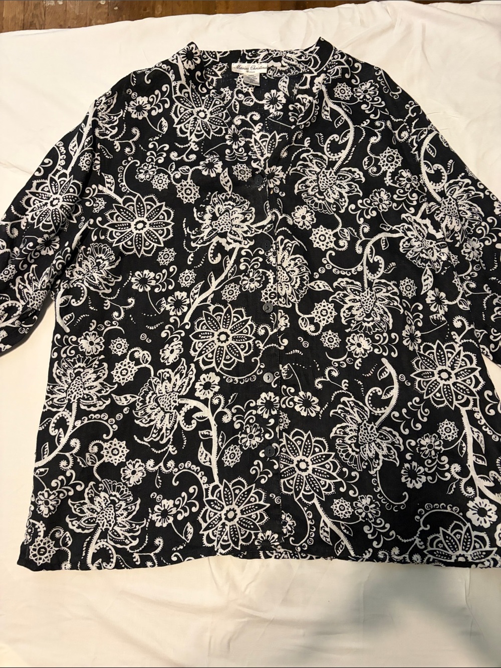 Marisa Christina Woman Black White Linen Floral Paisley Button Up Blouse Size 3X